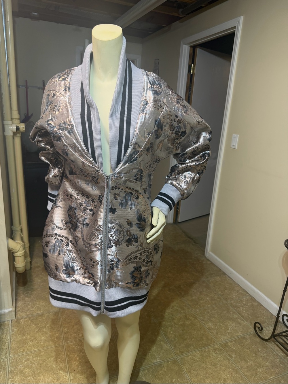 AKIRA Metallic Rose Bomber Jacket with Floral Jacquard